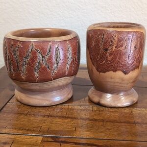 Two Piece Lot - Vintage Hand Turned Raw Edge Ashwood Bowl & Vase - Hand Signed